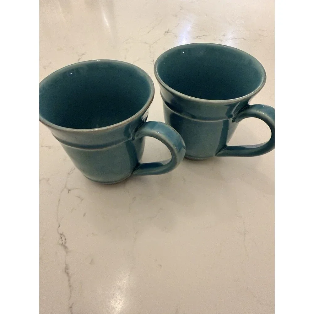 POTTERY BARN (Cambria)  Turquoise  2 Coffee/Tea MUGS, Handcrafted EXCELLENT!